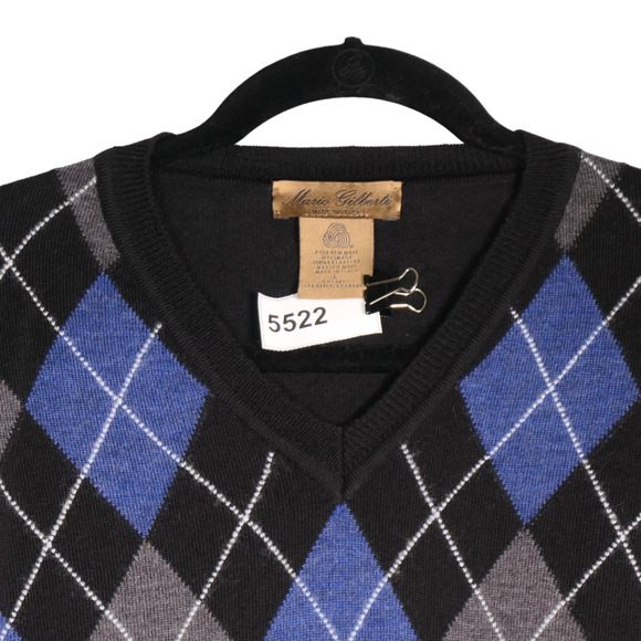 Mario Gilberti Sweater Mens Large Black Blue Argyle 100% Merino Wool Italy - Picture 3 of 6